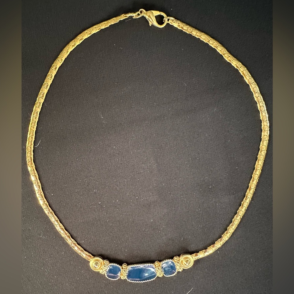 Vintage 1970’s Gold Herringbone Necklace with Navy Blue Enamel Accents